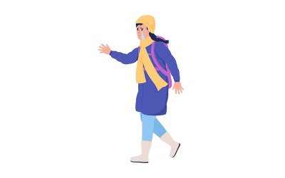 Fille réfugiée avec des larmes fuyant le personnage de vecteur de couleur semi-plat de guerre