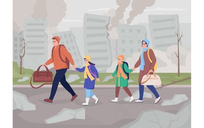 Lämnar krigshärjad stad på grund av militär konflikt platt färg vektorillustration