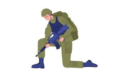 Armeesoldat mit Gewehr auf der Suche nach halbflachen Farbvektorzeichen