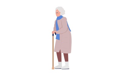 Bezorgde oude vrouw met wandelstok semi-egale kleur vectorkarakters