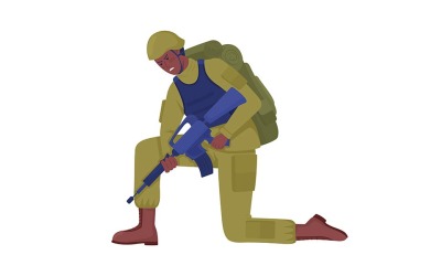 Hombre militar con carácter de vector de color semi plano de arma de fuego