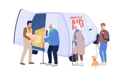 Мужчина-волонтер оказывает гуманитарную помощь уязвимым людям полуплоские цветовые векторные символы