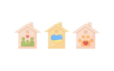 Voorzieningen die hulp bieden aan vluchtelingen en huisdieren semi-egale kleur vector object set
