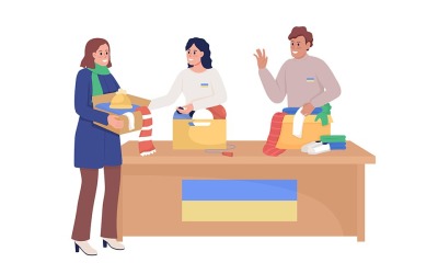 Vrijwilligers verzamelen kleding voor vluchtelingen semi-egale kleur vectorkarakters