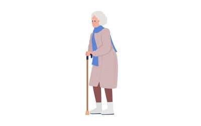 Worried old woman with walking stick semi flat color vector characters