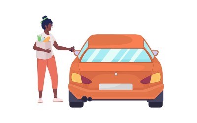 Kobieta z zakupami otwierająca samochód pół płaski kolor wektor znaków