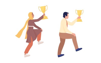 Menschen mit goldenen Trophäenpreisen halbflache Farbvektorfiguren