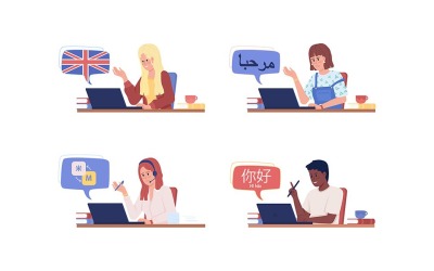 Set di caratteri vettoriali a colori semi piatti per lo studio della lingua