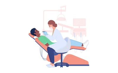 Paziente con dolore ai denti e caratteri vettoriali a colori semi piatti del dentista
