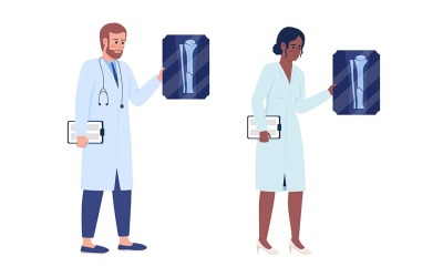 Traumatológusok gazdaság röntgen fotók félig lapos színes vektoros karakterkészlet