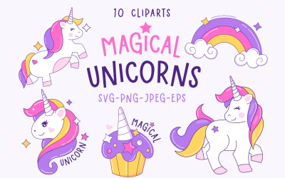 Set di illustrazioni di unicorni carini magici