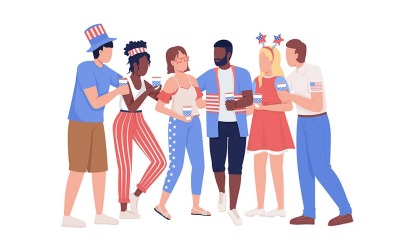Gruppo di amici che celebra i caratteri vettoriali a colori semi piatti del quarto luglio