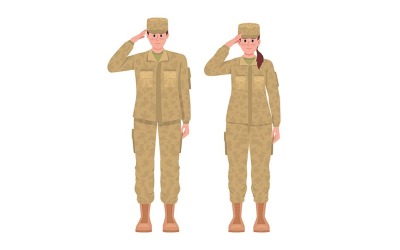 Male and female soldiers saluting semi flat color vector characters