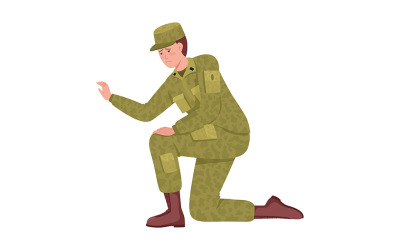 Naštvaný vojenský muž stojící na koleně semi plochý barevný vektorový charakter