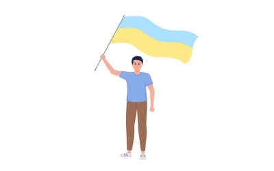 Чоловік тримає український прапор напівплоский кольоровий векторний символ