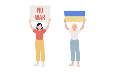 Conjunto de caracteres de vector de color semiplano de mujeres sosteniendo cartel