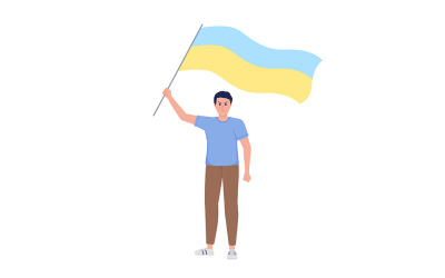 Homem segurando o personagem de vetor de cor semi plana da bandeira ucraniana