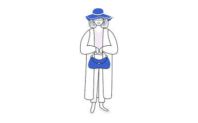 Mujer bonita con chaqueta elegante y sombrero de carácter vectorial de color semiplano
