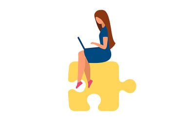 Mujer ocupada con computadora portátil sentada en una pieza de rompecabezas de carácter vectorial de color semiplano