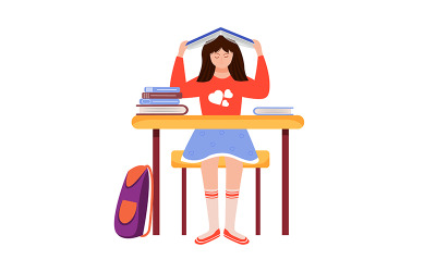 Niña sobrecargada con la tarea de carácter vectorial de color semiplano