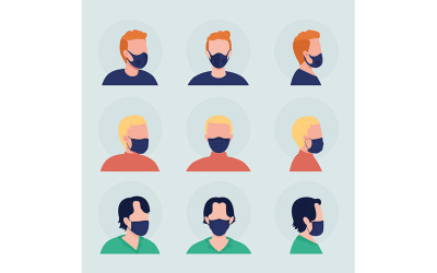 Covid-Schutz halbflacher Farbvektor-Charakter-Avatar mit Maskensatz