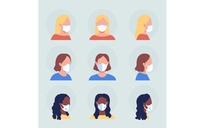 Damen mit weißen Masken, halbflacher Farbvektor-Charakter-Avatar-Satz