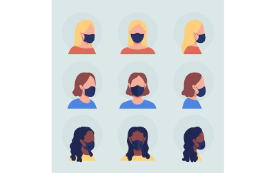 Donne diverse in maschera set avatar di caratteri vettoriali a colori semi-piatti