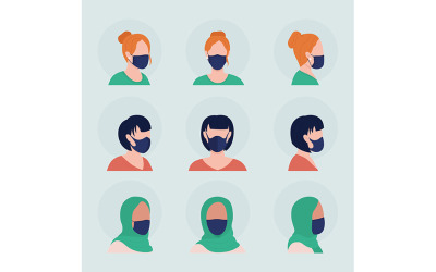 Femmes avec des masques noirs jeu d&amp;#39;avatar de personnage vectoriel de couleur semi-plate