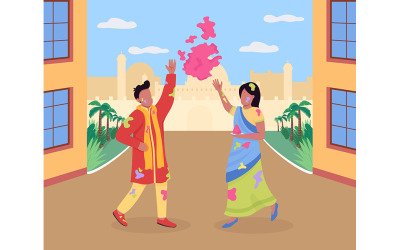 Flache Farbvektorillustration des Holi-Festivals feiern
