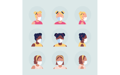 Gezichtsmaskers voor kinderen semi-egale kleur vector avatar karakterset