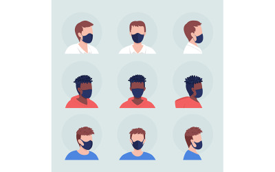 Homens diferentes usando máscara conjunto de avatar de personagem de vetor de cor semi plana