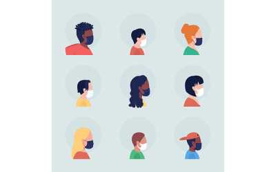Supprimer l&amp;#39;avatar de personnage de vecteur de couleur semi-plat pandémique covid avec jeu de masques