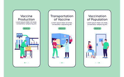 Vaccin productie onboarding mobiele app scherm platte vector sjabloon