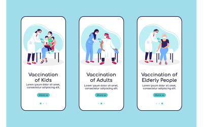 Vaccination av befolkningen onboarding mobil app skärm platt vektor mall