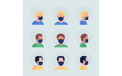 Virenschutz halbflacher Farbvektor-Charakter-Avatar mit Maskensatz