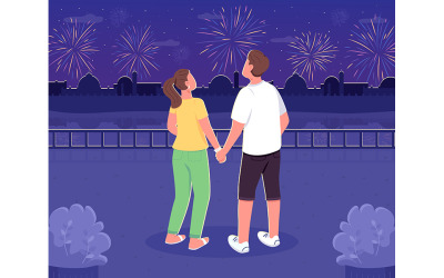 Watching fireworks together flat color vector illustration