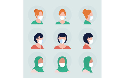 Ženy s bílými maskami semi plochý barevný vektor znak avatar set