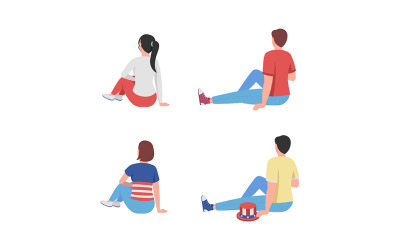 Zittende mensen op picknick semi-egale kleur vector tekens set