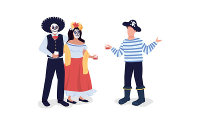 Amigos en disfraces de Halloween personajes vectoriales de color semiplano