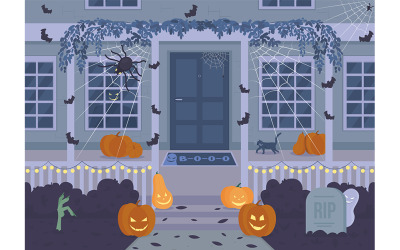 Halloween dom w nocy płaski kolor ilustracji wektorowych