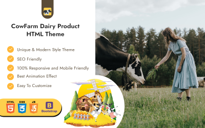 Motyw HTML produktu mlecznego z farmą krów