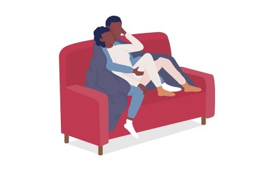 Пара сидящих на диване полуплоских цветных векторных персонажей