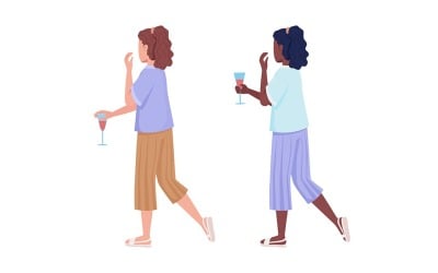 Ladies standing back semi flat color vector characters set