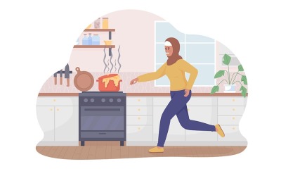 Desastre en la ilustración aislada del vector 2D de la cocina