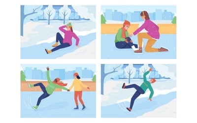 Slipping on ice flat color vector illustration set