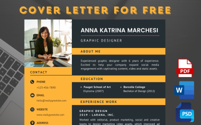 Currículo de designer gráfico minimalista atraente amarelo e preto + carta de apresentação