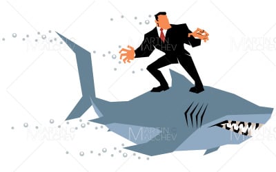 hombre de negocios, equitación, tiburón, vector, ilustración