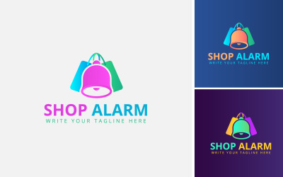 Design de logotipo de lembrete de compras. Logotipo de compras com ícone de sino e bolsa de transporte, notificação de loja.
