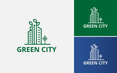 Logo immobiliare minimo della città verde. Il concetto di giardino urbano, fattoria di città, città ecologica.