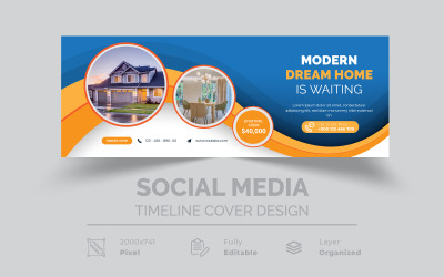 Votre maison de rêve attend orange jaune bleu couverture de médias sociaux immobiliers élégants et créatifs